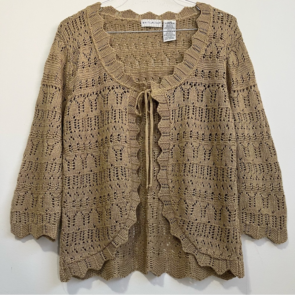 VTG White Stag Tan Crochet Tie Front Cardigan Open Knit Sz XL Y2K Boho Hippie